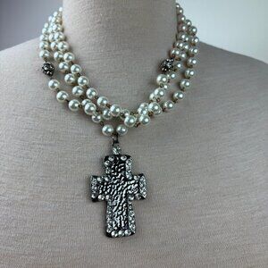 L&F N.S.E.W. Faux Pearl Cross Multi-Strand Necklace